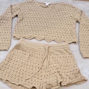 House of Harlow 1960 Crochet Boho Sweater Shorts Set Sz Sm Tan Beach Indie Knit